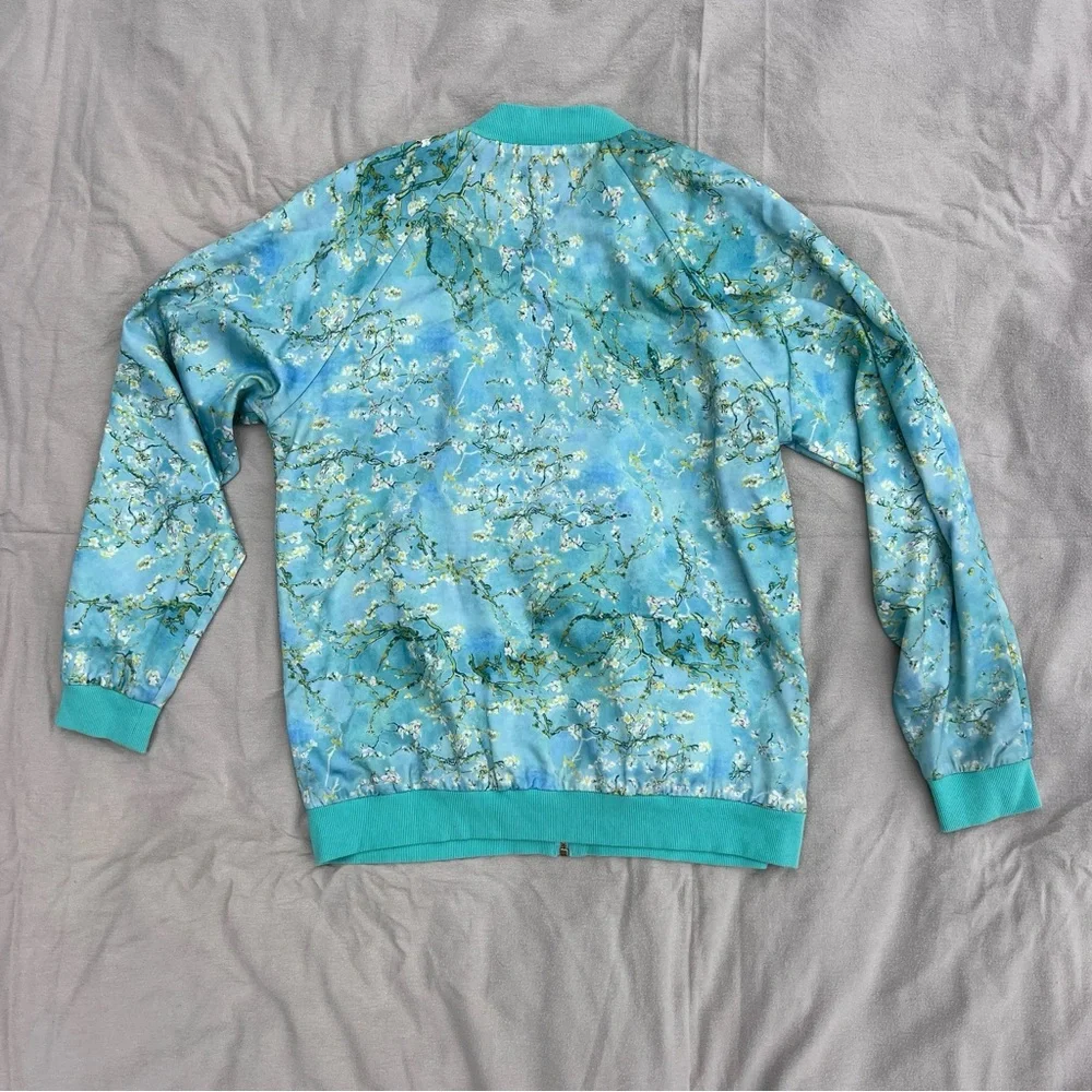 Immersive Van Gogh Cherry Blossom Turquoise Satin Floral Bomber Jacket NWOT - Picture 2 of 8